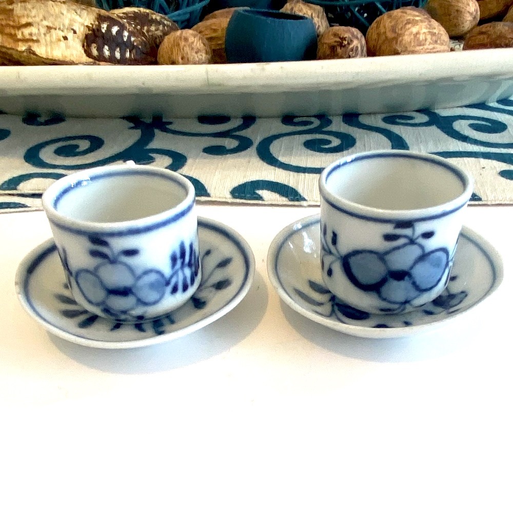 Antique Blue Onion Flow Blue Miniature Pair Porcelain Tea Cup & Saucer Set
